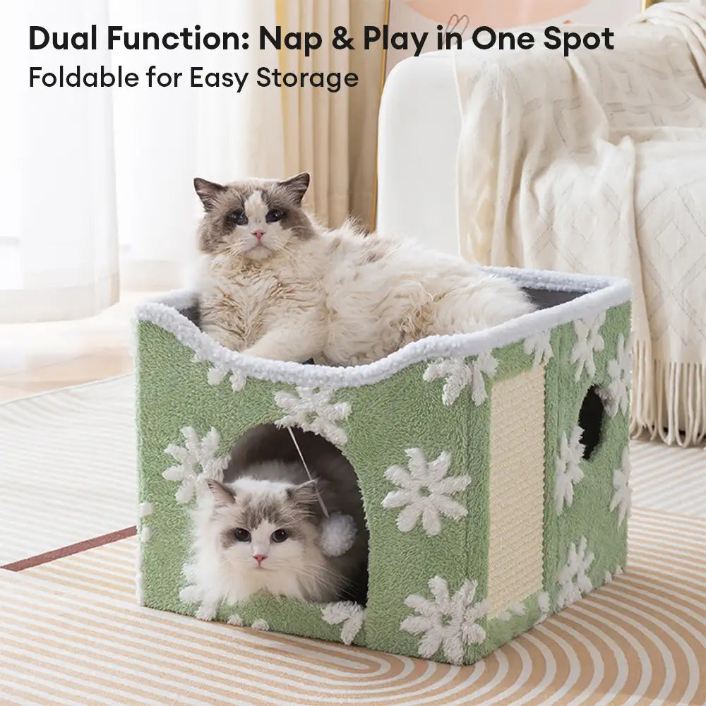 Maison chat en peluche douce pliable à deux niveaux avec griffoir