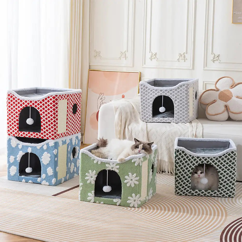 Maison chat en peluche douce pliable à deux niveaux avec griffoir