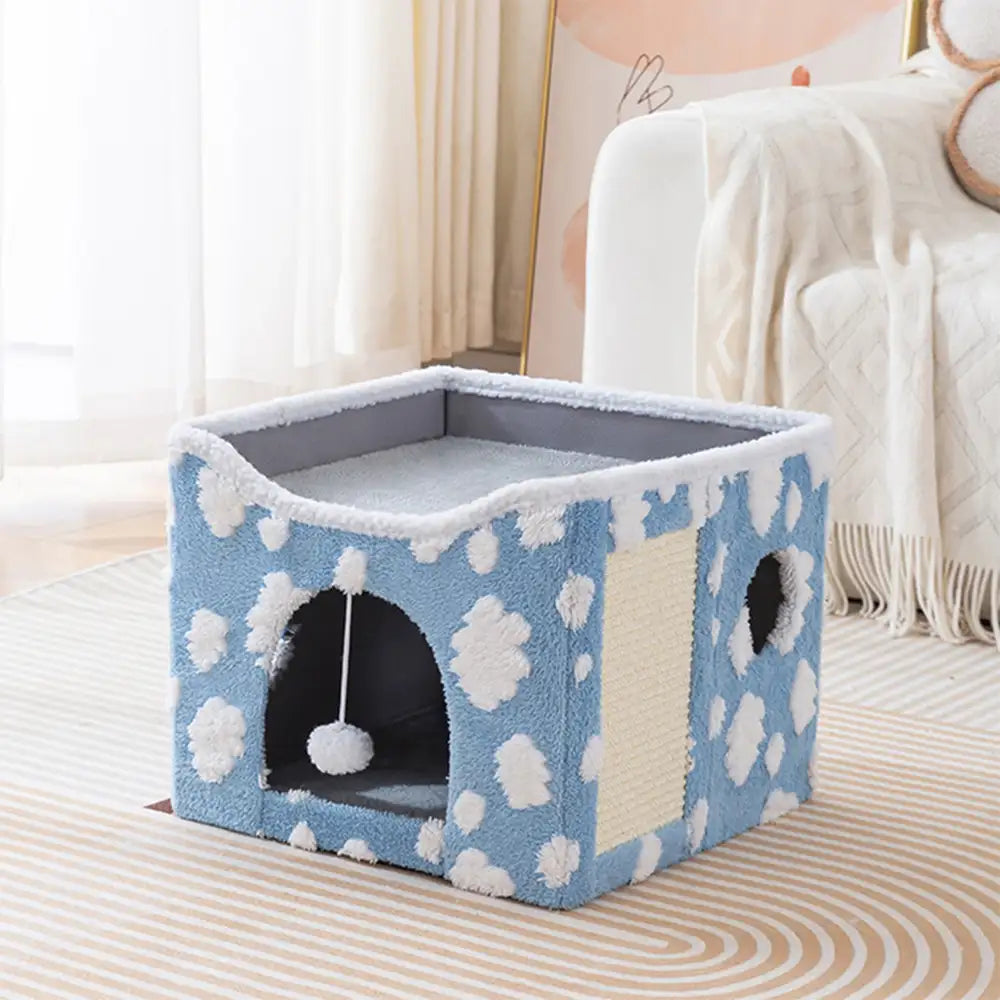 Maison chat en peluche douce pliable à deux niveaux avec griffoir