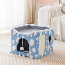 Maison chat en peluche douce pliable à deux niveaux avec griffoir