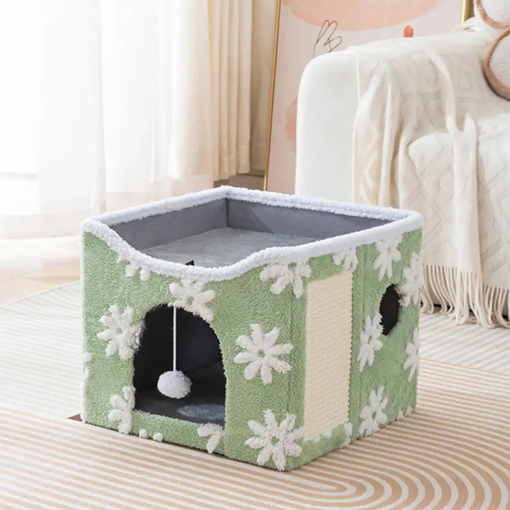 Maison chat en peluche douce pliable à deux niveaux avec griffoir