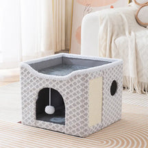 Maison chat en peluche douce pliable à deux niveaux avec griffoir