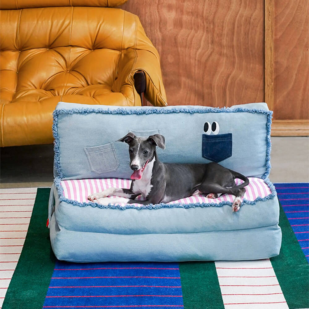 Canapé-lit multifonctionnel pliable et spacieux en denim pour chien et chat