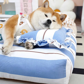 Lit pour chien en coton rayé avec coussin épais et doux