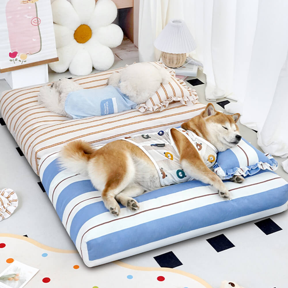Lit pour chien en coton rayé avec coussin épais et doux