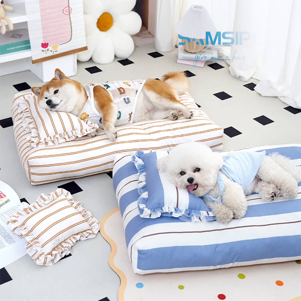 Lit pour chien en coton rayé avec coussin épais et doux
