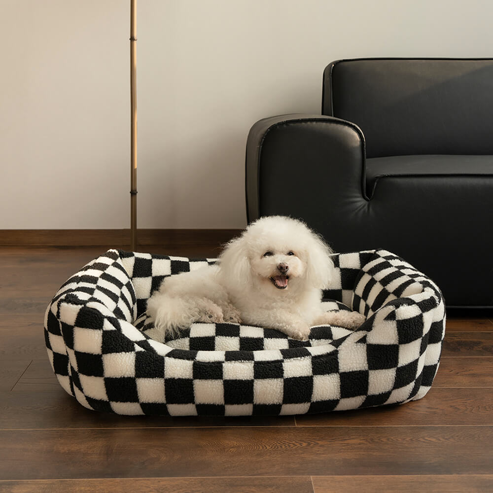 Canapé-lit pour chien amovible lavable en tissu damier élégant et chaleureux