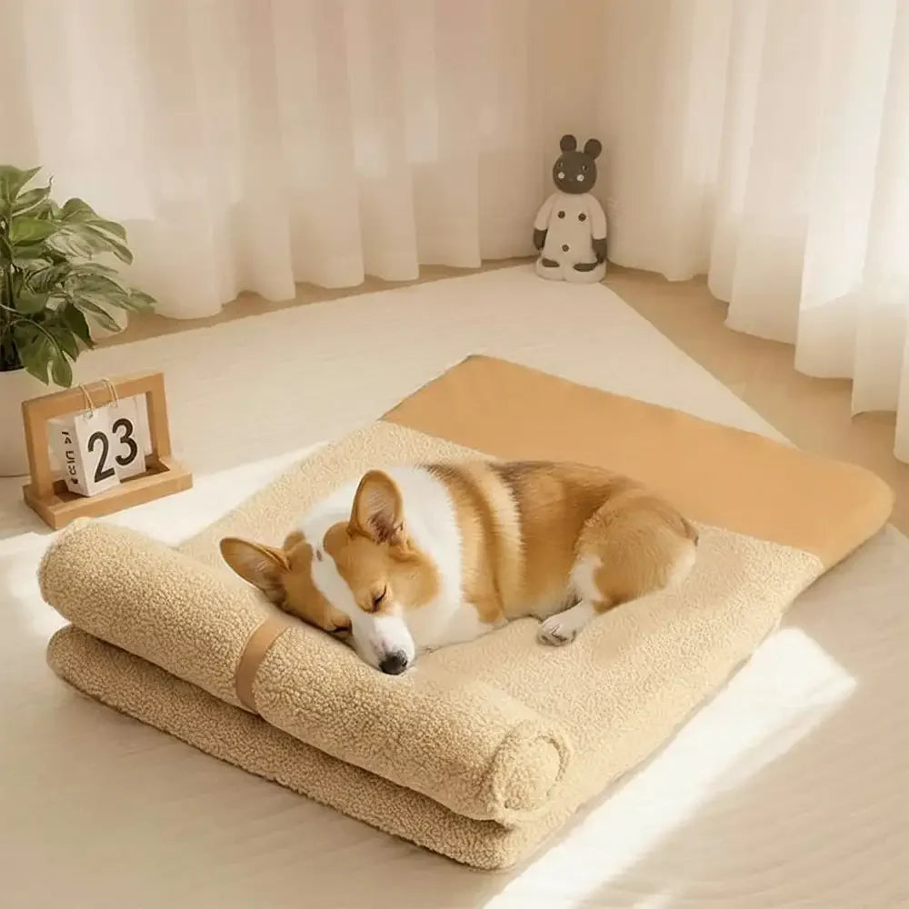 Lit pour chien grande taille en peluche Teddy Fluffy pour sommeil profond - Miel Ambre