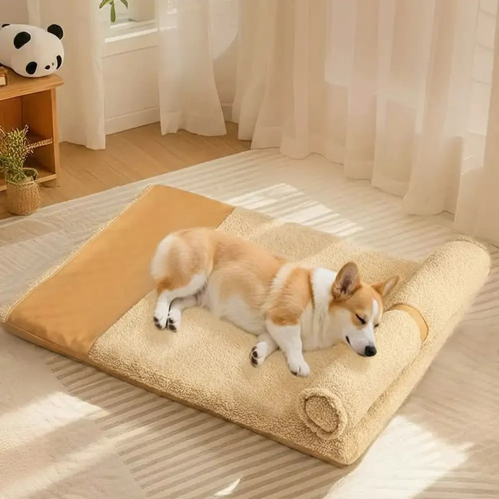 Lit pour chien grande taille en peluche Teddy Fluffy pour sommeil profond - Miel Ambre