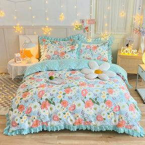 Parure de draps brossés à imprimé floral printanier vibrant avec jupe de lit à volants