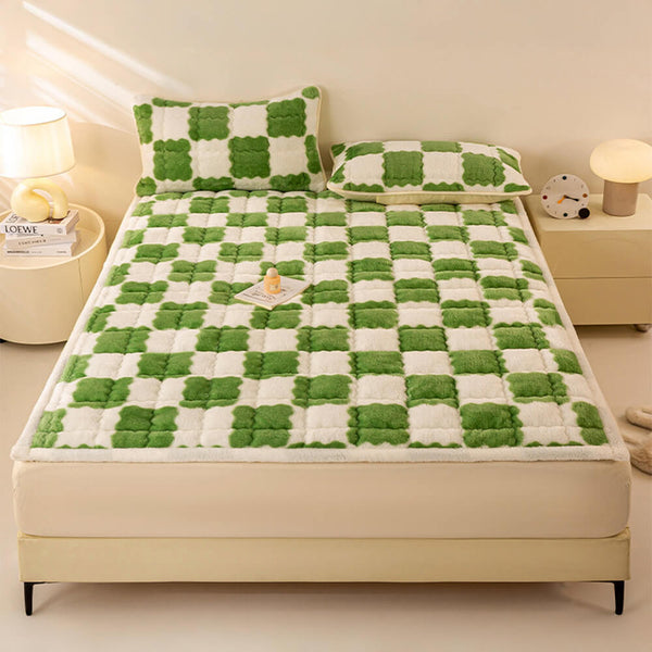 Couverture de matelas en peluche à motifs carreaux et taie d'oreiller