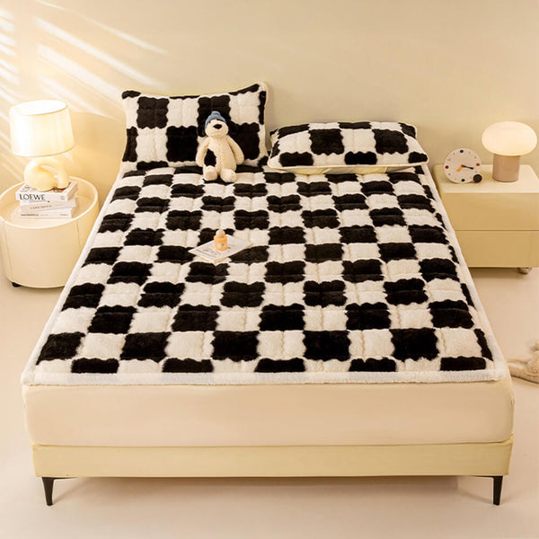 Couverture de matelas en peluche à motifs carreaux et taie d'oreiller