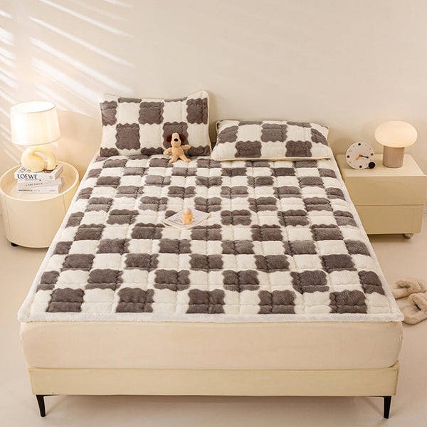 Couverture de matelas en peluche à motifs carreaux et taie d'oreiller