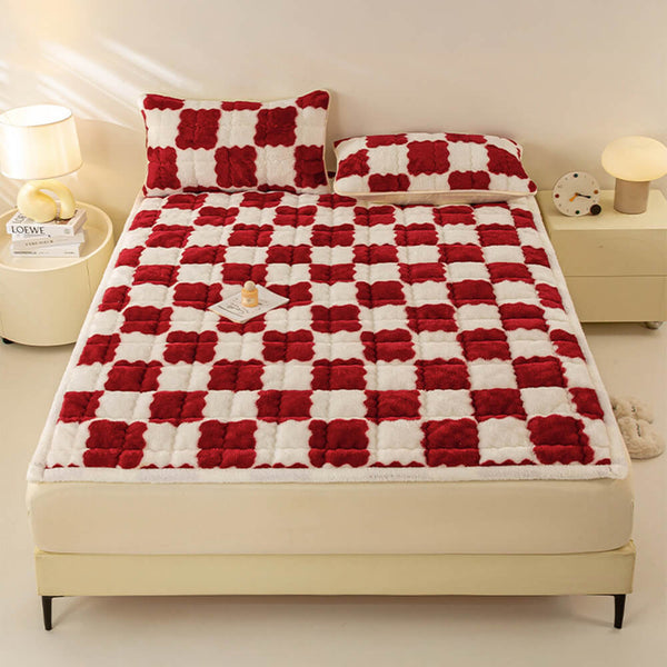 Couverture de matelas en peluche à motifs carreaux et taie d'oreiller