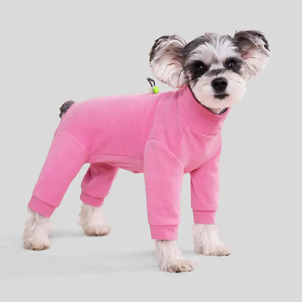 Survêtement en polaire douce et chaude à col montant pour chien à quatre pattes avec taille ajustable.