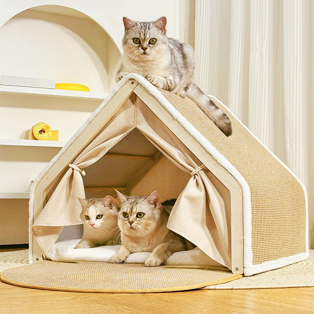Tente pour chat tout-en-un avec toit griffoir et espace de couchage confortable
