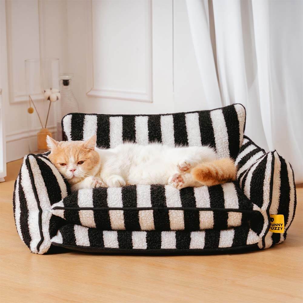 Canapé-lit double couche en fausse laine d'agneau à rayures pour chat tendance