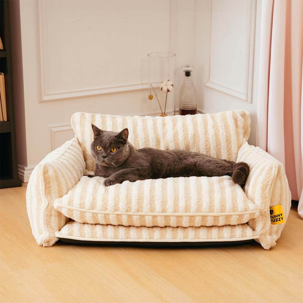 Canapé-lit double couche en fausse laine d'agneau à rayures pour chat tendance
