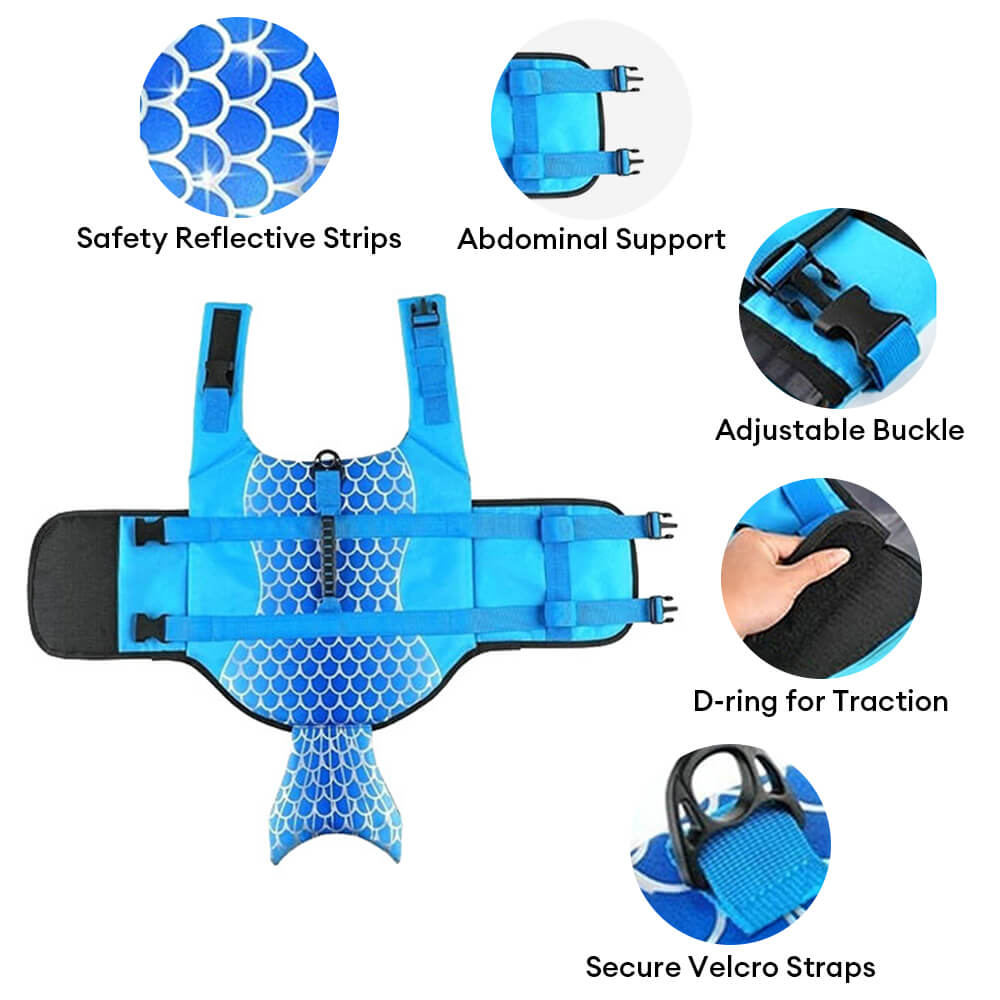 Gilet de sauvetage pour chien style sirène ou requin ajustable et sécurisé