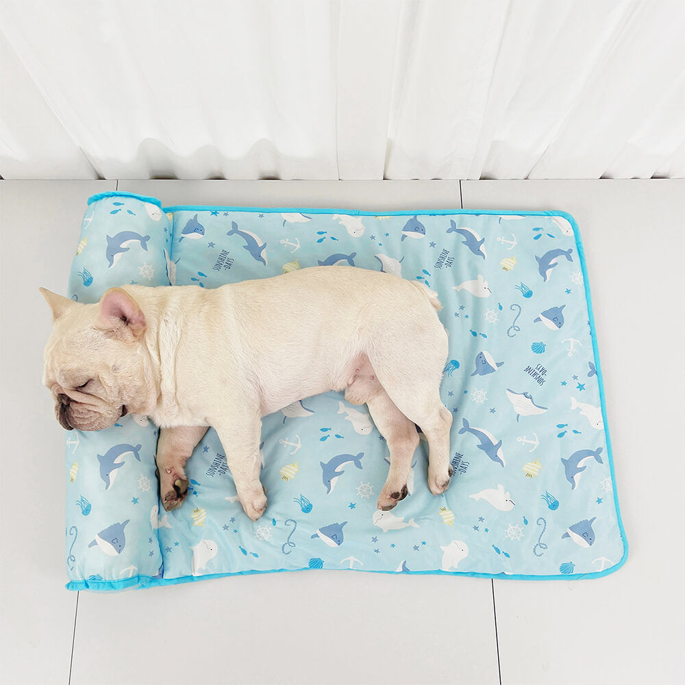 Tapis pour chien en soie glacée respirante et rafraîchissante série Océan avec oreiller