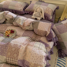 Parure de draps en coton double avec dentelle à blocs de couleur romantique