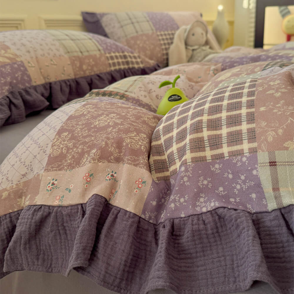 Parure de draps en coton double avec dentelle à blocs de couleur romantique