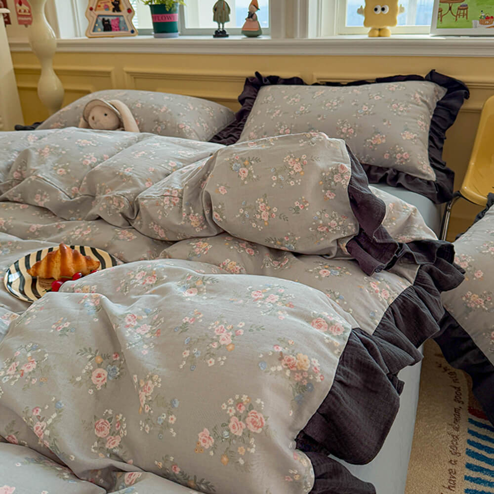 Parure de draps en coton double avec dentelle à blocs de couleur romantique