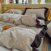 Parure de draps en coton double avec dentelle à blocs de couleur romantique