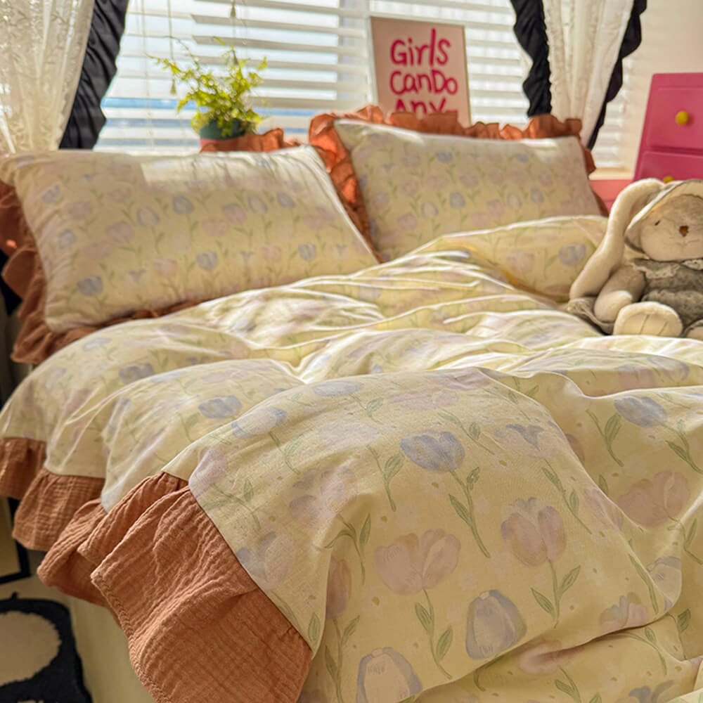 Parure de draps en coton double avec dentelle à blocs de couleur romantique
