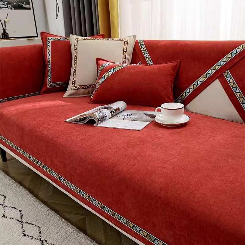 Housse de canapé antidérapante en chenille de couleur unie à décor géométrique