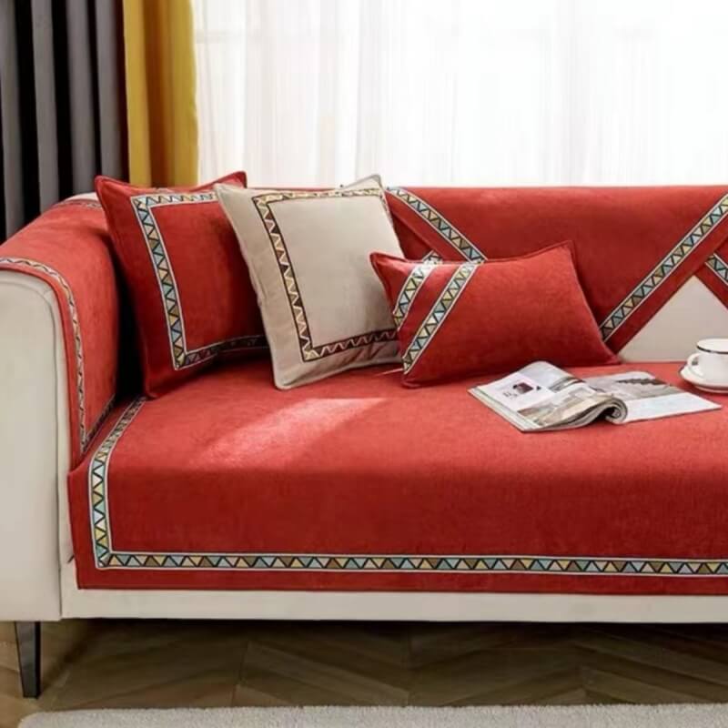 Housse de canapé antidérapante en chenille de couleur unie à décor géométrique