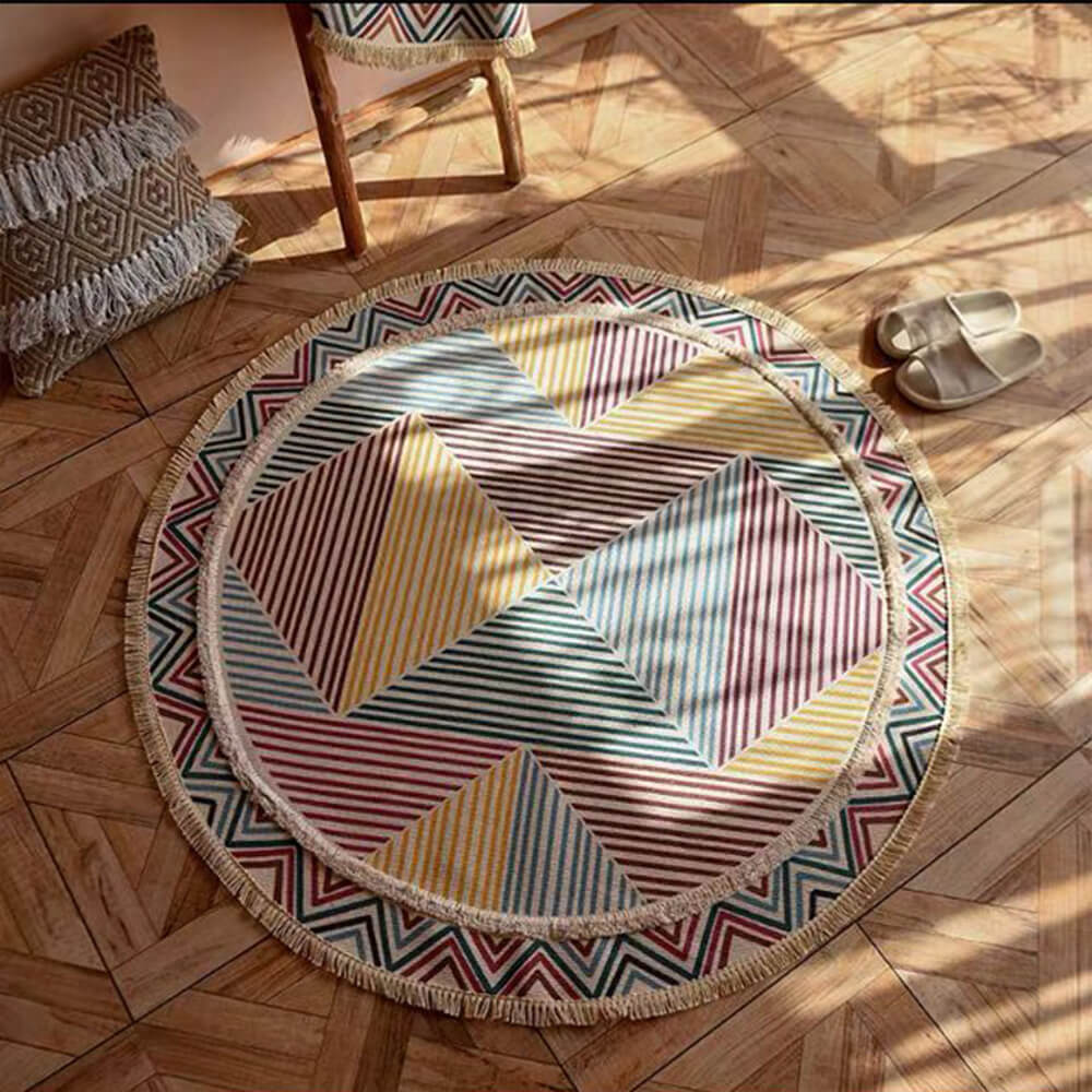 Tapis rond vintage en lin et coton tissé main
