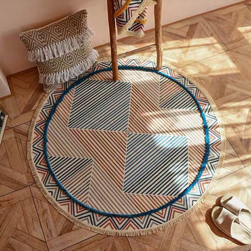 Tapis rond vintage en lin et coton tissé main