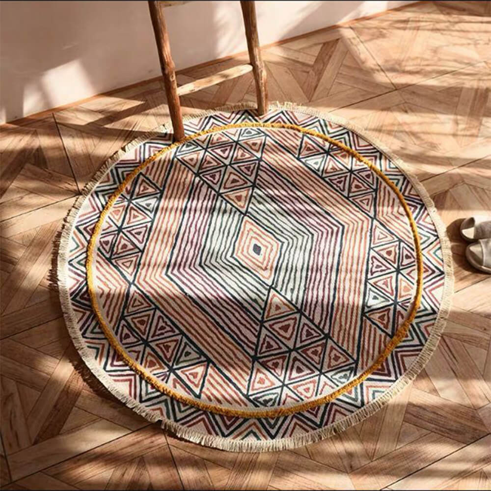 Tapis rond vintage en lin et coton tissé main