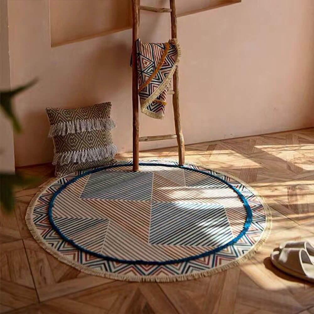 Tapis rond vintage en lin et coton tissé main