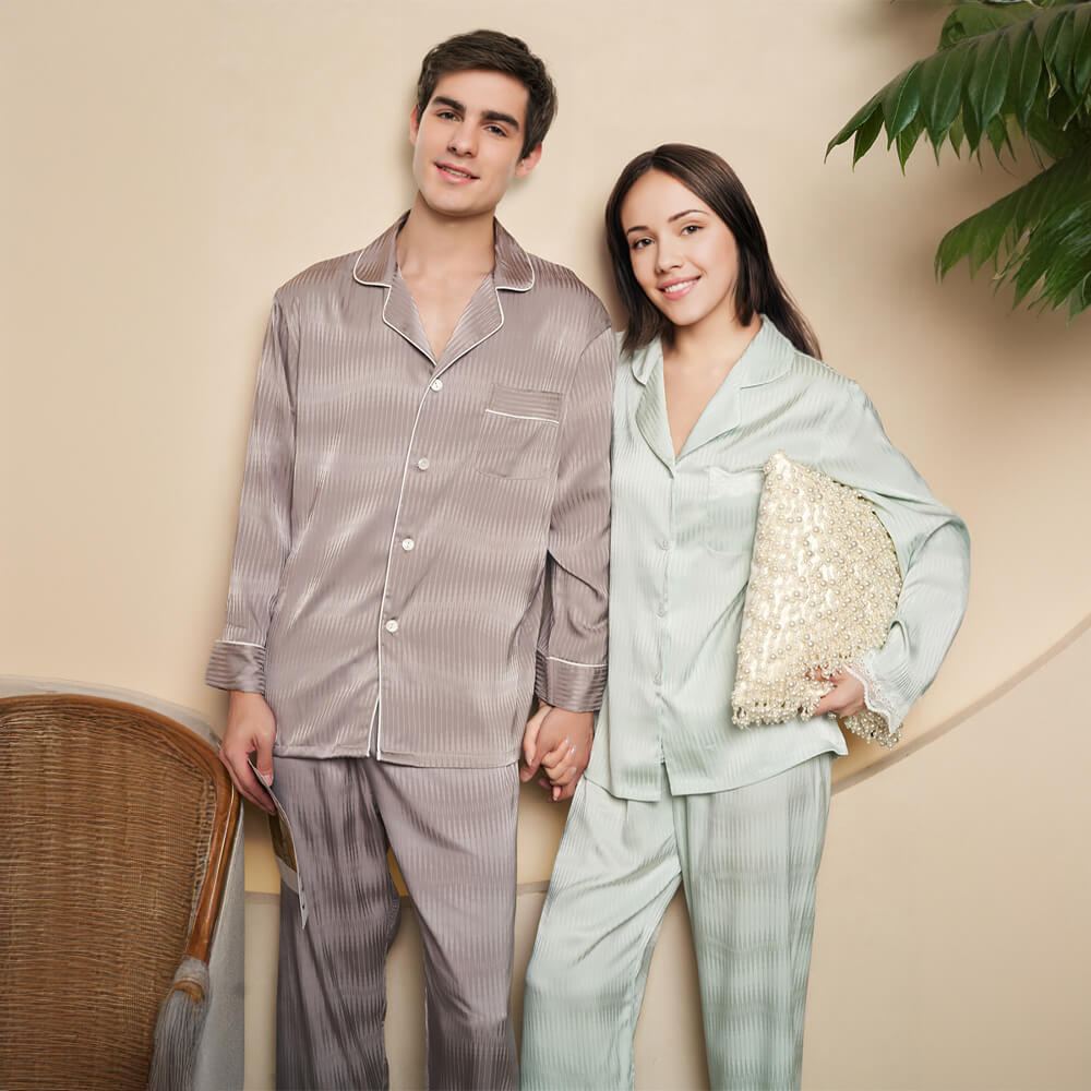 Pyjama à Rayures en Soie Glacée Longs Manches Anti-Épluchures pour Animaux Set Couple