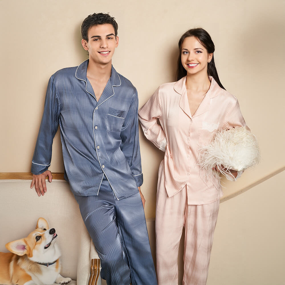 Pyjama à Rayures en Soie Glacée Longs Manches Anti-Épluchures pour Animaux Set Couple