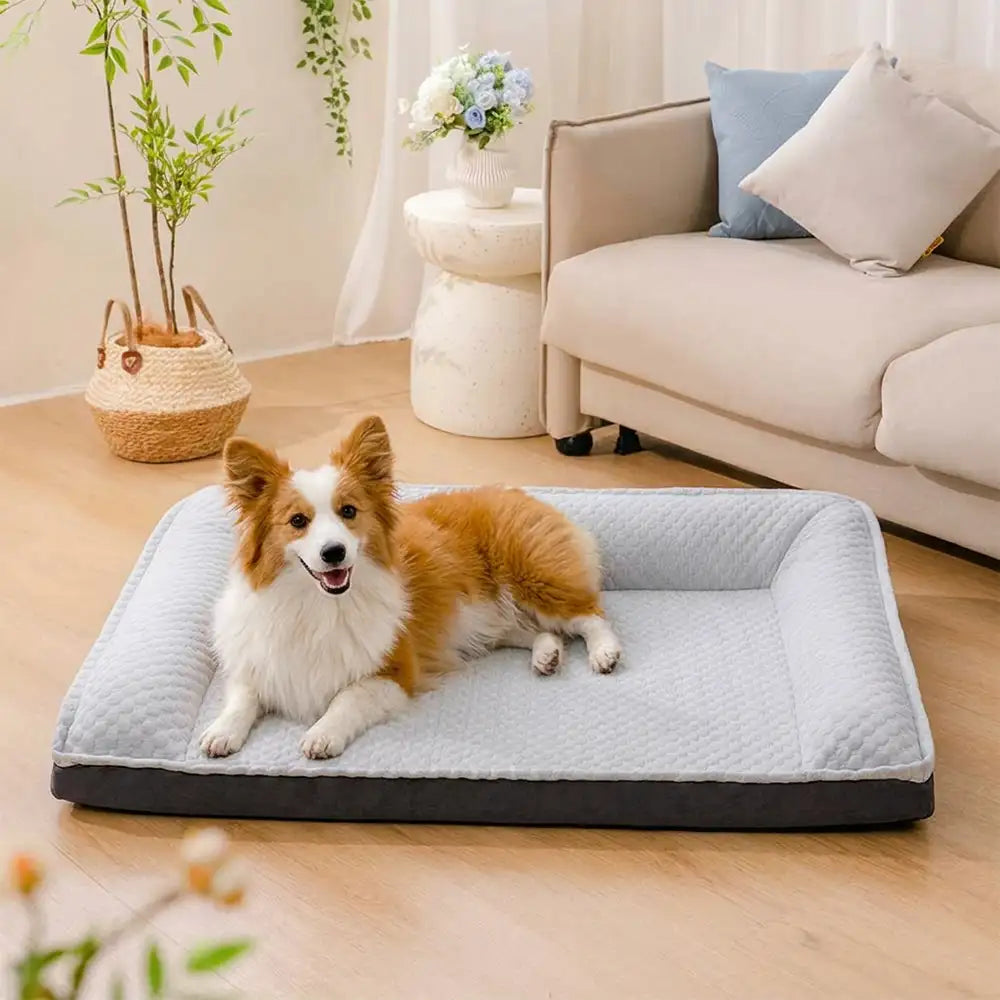 Lit pour chien en soie glacée avec soutien pour le cou, antidérapant, grand espace de refroidissement.