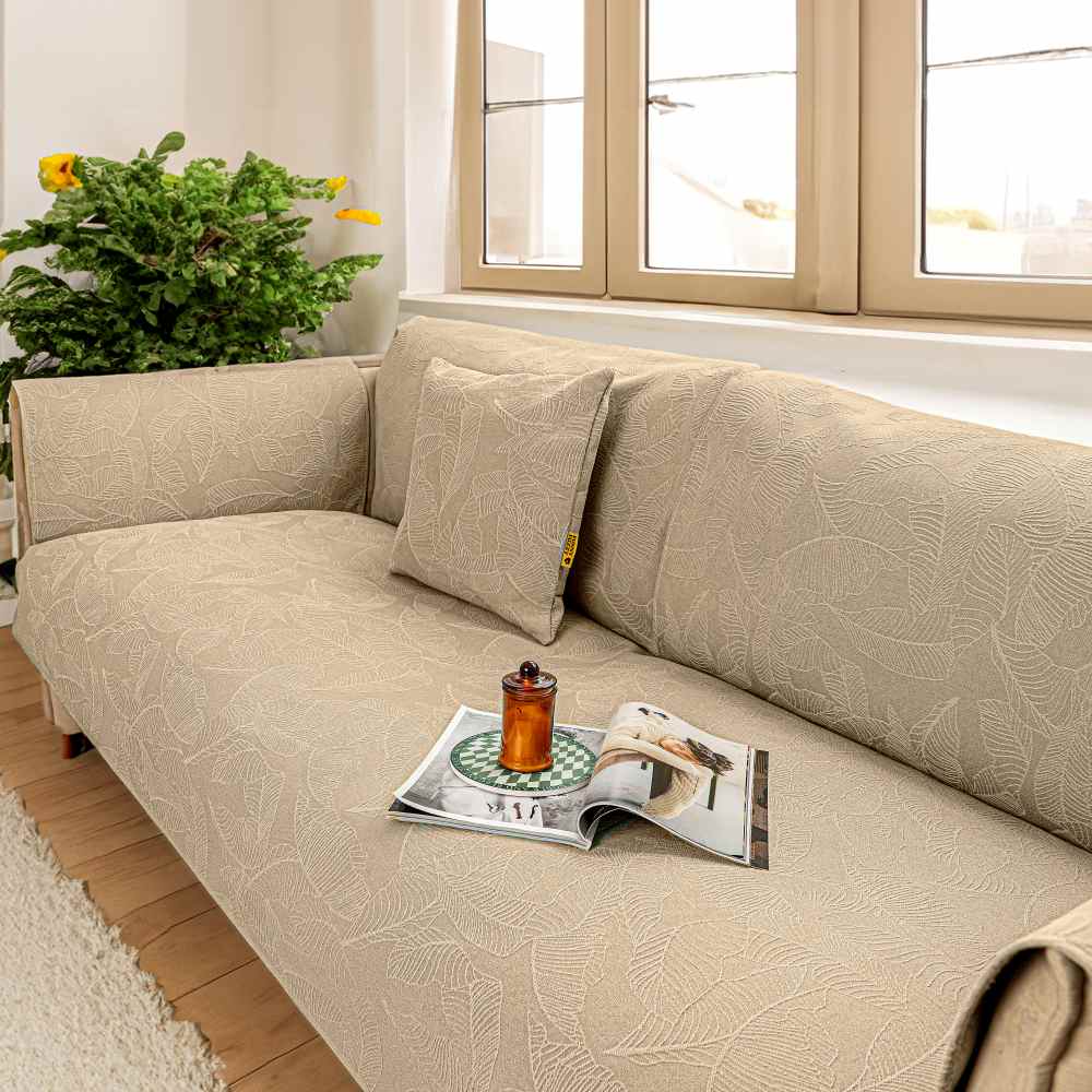 Housse de canapé de luxe en jacquard texturé à feuilles de couleur unie