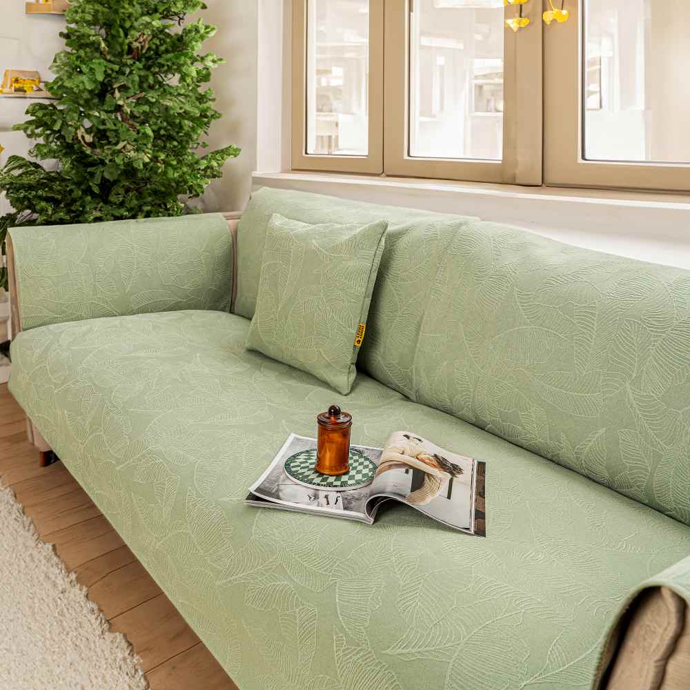 Housse de canapé de luxe en jacquard texturé à feuilles de couleur unie