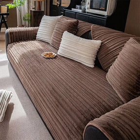 Housse de canapé en peluche douce antidérapante rayures asymétriques modernes