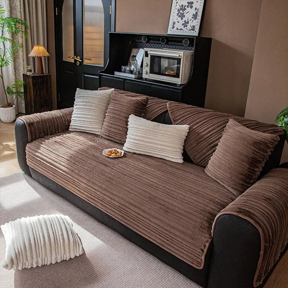 Housse de canapé en peluche douce antidérapante rayures asymétriques modernes