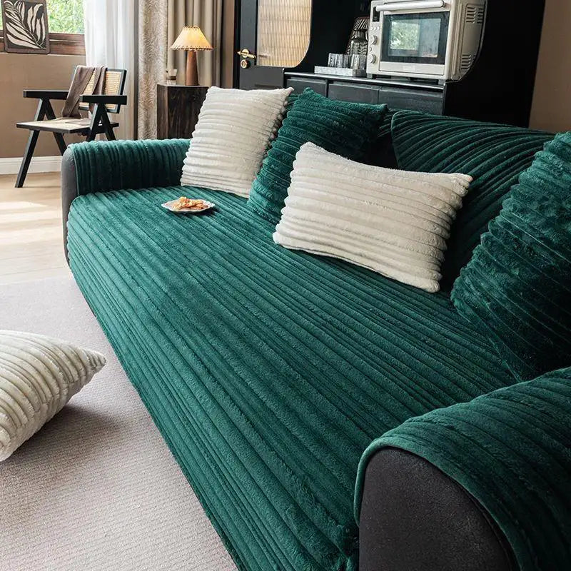 Housse de canapé en peluche douce antidérapante rayures asymétriques modernes