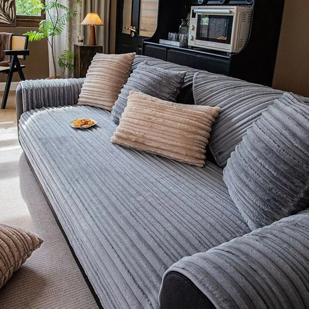 Housse de canapé en peluche douce antidérapante rayures asymétriques modernes