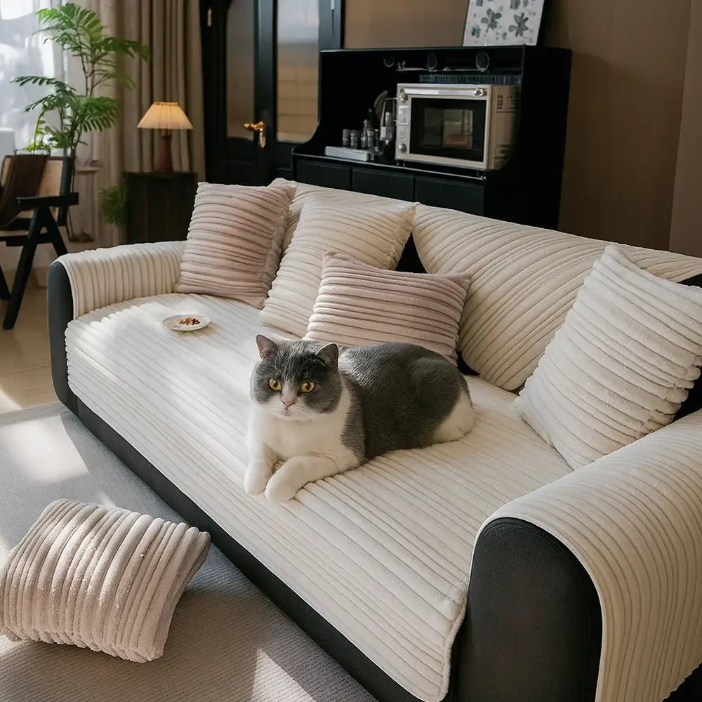 Housse de canapé en peluche douce antidérapante rayures asymétriques modernes