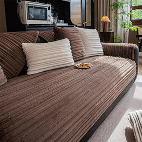 Housse de canapé en peluche douce antidérapante rayures asymétriques modernes