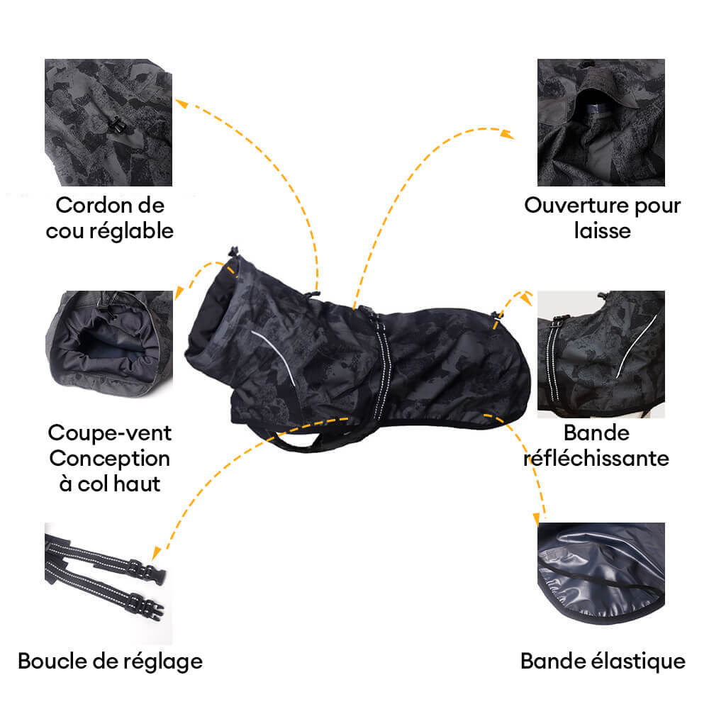 Imperméable coupe-vent à col roulé réglable et camouflage pour chien