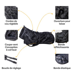 Imperméable coupe-vent à col roulé réglable et camouflage pour chien