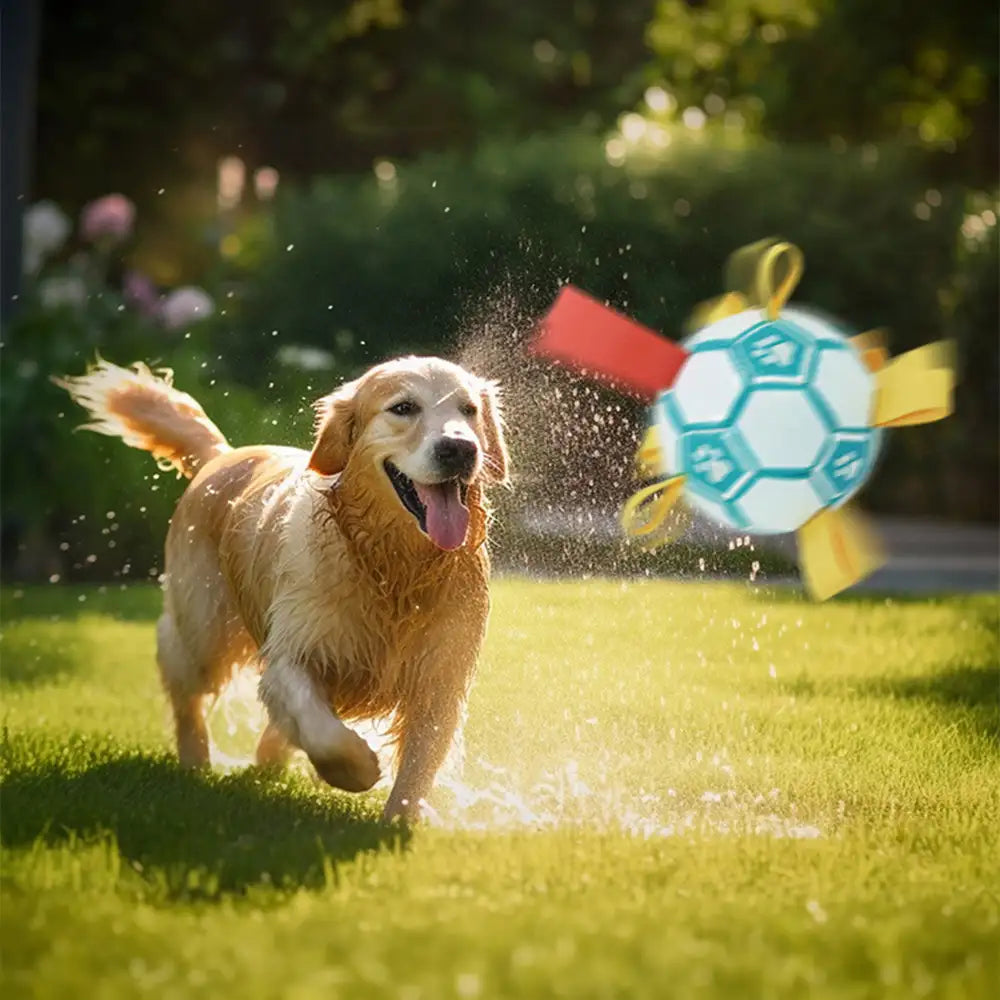 Balle de soccer en forme d'empreinte de patte pour chien avec sangles.