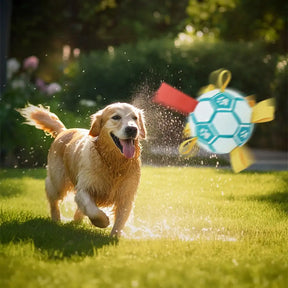 Balle de soccer en forme d'empreinte de patte pour chien avec sangles.